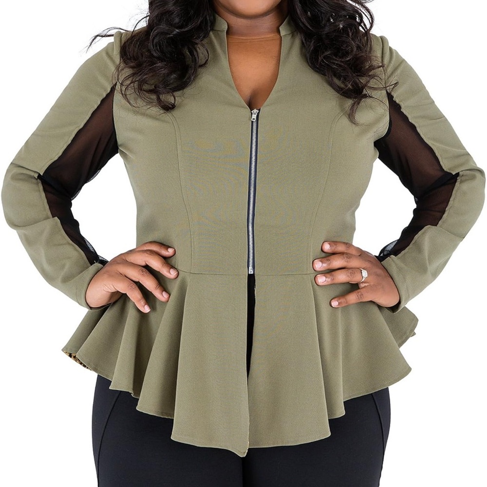 Poetic Justice Plus Size Curvy Women's Olive Peplum Jacket Sheer Panel Sleeves
